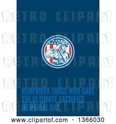 Clip Art of Retro Saluting Soldier over an American Flag and Remember Those Who Gave the Ultimate Sacrifice, Memorial Day Text on Blue by Patrimonio