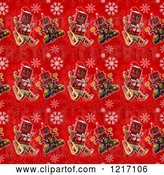 Clip Art of Retro Seamless Background of Robots on Red with Snowflakes by Stockillustrations