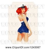 Clip Art of Retro Sexy Red Haired Sailor Girl Pinup Looking Back on a Frame of Beige, over White by Lineartestpilot