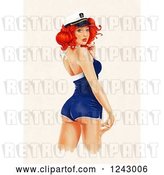 Clip Art of Retro Sexy Red Haired Sailor Girl Pinup Looking Back over Beige by Lineartestpilot