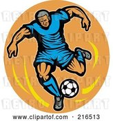 Clip Art of Retro Soccer Player over an Orange Oval by Patrimonio