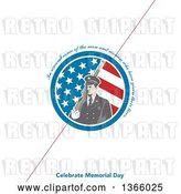 Clip Art of Retro Soldier Holding a Rifle in an American Flag Circle with in Remembrance of the Men and Women Who Have Given Their Lives, Celebrate Memorial Day Text on White, with a Diagonal Red Line by Patrimonio