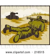 Clip Art of Retro Soldier on the Ground, Pointing a Bazooka at a Tank by Patrimonio
