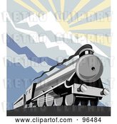 Clip Art of Retro Steam Engine Below the Sun Shining over Mountains by Patrimonio