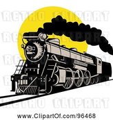 Clip Art of Retro Steam Engine Locomotive Against a Yellow Sun by Patrimonio