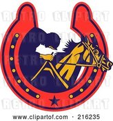 Clip Art of Retro Styled Jockey and Horse in a Horse Shoe by Patrimonio
