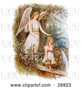 Clip Art of Retro Valentine of a Female Guardian Angel Looking over a Little Girl As She Carries Flowers and a Basket Across a Log over a Cliff and River, Circa 1890 by OldPixels