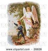 Clip Art of Retro Valentine of a Female Guardian Angel Watching over a Little Boy As He Picks Flowers and Chases Butterflies at the Edge of a Cliff, Circa 1890 by OldPixels