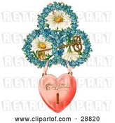 Clip Art of Retro Valentine of a Heart Locket Suspended from Rings of Blue Flowers Around White Daisies with a Gold Skeleton Key Circa 1890 by OldPixels