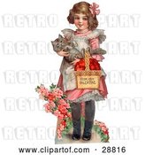 Clip Art of Retro Valentine of a Sweet Little Girl Carrying a Basket of Red Hearts and a Cat in Her Arms, Walking in a Flower Garden, Circa 1885 by OldPixels