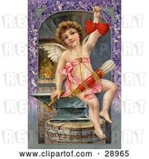 Clip Art of Retro Valentine of Cupid Forging Two Valentine Hearts, Sitting on an Anvil with Arrows Hanging from His Chest, Circa 1911. by OldPixels
