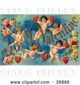 Clip Art of Retro Valentine of Five Playful Cupids with Roses, Decorated "To My Valentine" Text with Red Hearts, Circa 1911 by OldPixels