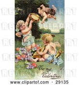 Clip Art of Retro Valentine of Three Cherubs, One Flying, Playing Tambourines and Mandolins with Hearts and Purple Flowers, Circa 1906 by OldPixels