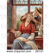Clip Art of Retro Victorian Scene of a Guy Reaching in Through an Open Window, Covering a Lady's Eyes As She Sews, Circa 1850 by OldPixels