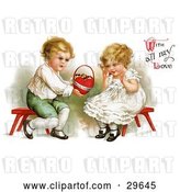 Clip Art of Retro Victorian Scene of a Sweet Little Boy Sitting on a Red Stool, Holding out a Basket of Candy to a Girl and "With All My Love" Text, by Ellen H. Clapsaddle, Circa 1912 by OldPixels