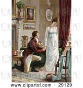 Clip Art of Retro Victorian Scene of a Young Guy on Bended Knee, Proposing to a Lovely but Pouty Young Lady in a Home Interior, Circa 1830 by OldPixels