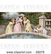 Clip Art of Retro Victorian Scene of Four Little Girls with Their Dogs, Fishing Goldfish out of a Pnd in a Park, Circa 1880 by OldPixels