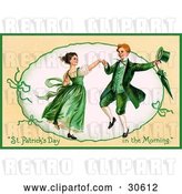 Clip Art of Retro Victorian St Patrick's Day Scene of a Happy Young Irish Couple Dressed in Green and Dancing, Circa 1909 by OldPixels