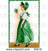 Clip Art of Retro Victorian St Patrick's Day Scene of a Young Irish Lady in a Green Dress and Bonnet, Carrying a Small Plant, Circa 1907 by OldPixels