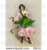 Clip Art of Retro Victorian St Patrick's Day Scene of a Young Lady in a Pink Dress, Holding the Traditional Irish Flag, Circa 1903 by OldPixels