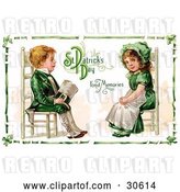 Clip Art of Retro Victorian St Patrick's Day Scene of an Irish Boy and Girl Dressed in Green and Sitting in Chairs Across from Each Other, Circa 1911 by OldPixels