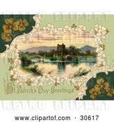 Clip Art of Retro Victorian St Patrick's Day Scene of Clovers Around Ross Castle in Killarney, Ireland, Circa 1913 by OldPixels
