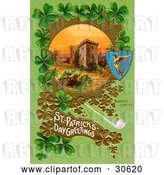 Clip Art of Retro Victorian St Patrick's Day Scene of Ireland's Blarney Castle Surrounded by Gold and Green Clovers, Circa 1910 by OldPixels