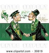 Clip Art of Retro Victorian St Patrick's Day Scene of Two Friendly Irish Men Dressed in Green, Touching Tobacco Pipes and Shaking Hands, Circa 1910 by OldPixels