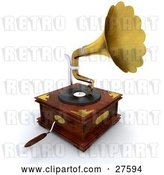 Clip Art of Retro Wooden Gramophone with a Handle and Golden Horn Playing Music from a Record by KJ Pargeter