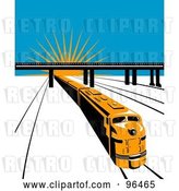 Clip Art of Retro Yellow Diesel Train Traveling Away from a Sunrise by Patrimonio