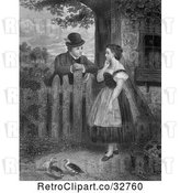 Clip Art of Retro Young Couple Talking at a Fence with Ducks in the Yard, in by Picsburg