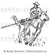 Clip Art Roping Cowboy Black and White Royalty Free Retro Vector by Andy Nortnik