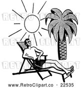 Clipart of a Happy Retro Man Sun Bathing at a Tropical Beach by BestVector