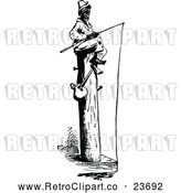 Clipart of a Retro Man Sitting on a Big Wood Post While Fishing by Prawny Vintage