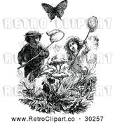 Clipart of Retro Kids Chasing Butterflies with Nets by Prawny Vintage