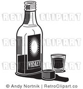 Royalty Free Retro Vector Clip Art of a Black and White Bottle of Whiskey by Andy Nortnik