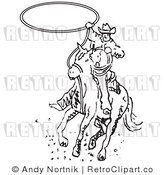 Royalty Free Retro Vector Clip Art of a Black and White Rodeo Cowboy by Andy Nortnik