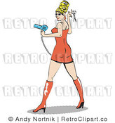 Royalty Free Retro Vector Clip Art of a Hairstylist Holding a Blow Dryer and Scissors by Andy Nortnik