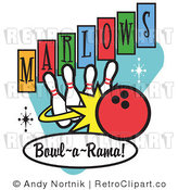 Royalty Free Retro Vector Clip Art of a Marlows Bowl O Rama Sign by Andy Nortnik