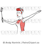 Royalty Free Vector Retro Clip Art of a 1950's Housewife Holding a Spatula While Presenting a New Product or Service for a Business by Andy Nortnik