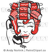 Royalty Free Vector Retro Clip Art of a 1950's Housewife Laughing with Hair Curlers While Talking on a Landline Telephone by Andy Nortnik