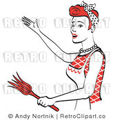Royalty Free Vector Retro Clip Art of a 1950's Housewife or Maid Holding a Feather Duster While Standing in a Presentation Stance by Andy Nortnik