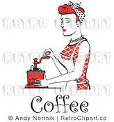 Royalty Free Vector Retro Clip Art of a Red Haired 1950's Housewife or Maid Grinding Coffee Beans with a Manual Grinder by Andy Nortnik