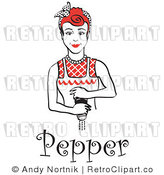 Royalty Free Vector Retro Clipart of a Red Haired Housewife Maid Grinding Fresh Pepper over Food While Cooking by Andy Nortnik