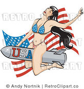 Royalty Free Vector Retro Clipart of a Sexy American Brunette Pin-Up Girl Riding a Rocket by Andy Nortnik