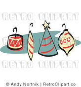 Royalty Free Vector Retro Clipart of Four Christmas Tree Ornaments with Hooks by Andy Nortnik