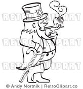 Royalty Free Vector Retro Illustration of a Black and White Line Art Leprechaun Leaning on a Cane While Smoking a Pipe by Andy Nortnik