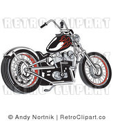 Royalty Free Vector Retro Illustration of a Black Motorcycle with Red Decal Flames on the Gas Tank by Andy Nortnik