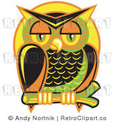 Royalty Free Vector Retro Illustration of a Colorful Owl Perched on a Branch at Night with a Full Moon Background by Andy Nortnik