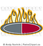 Royalty Free Vector Retro Illustration of a Flames Burning Above an Oval Red and Grey Icon by Andy Nortnik